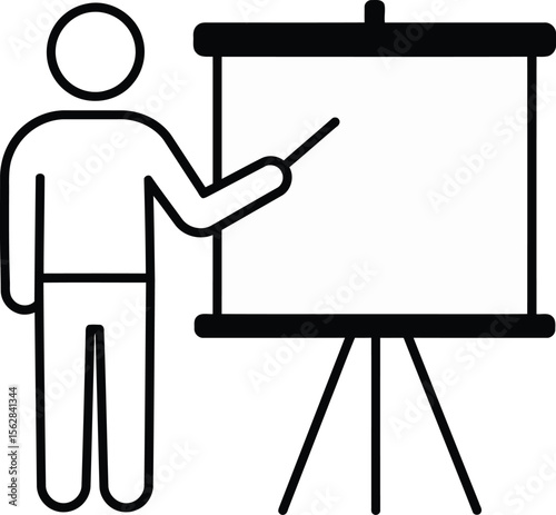A stick figure presenter pointing at a blank presentation board.