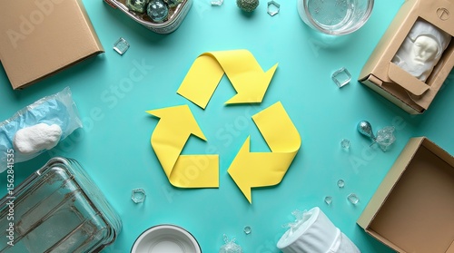 Yellow recycling symbol surrounded by various recyclable items 