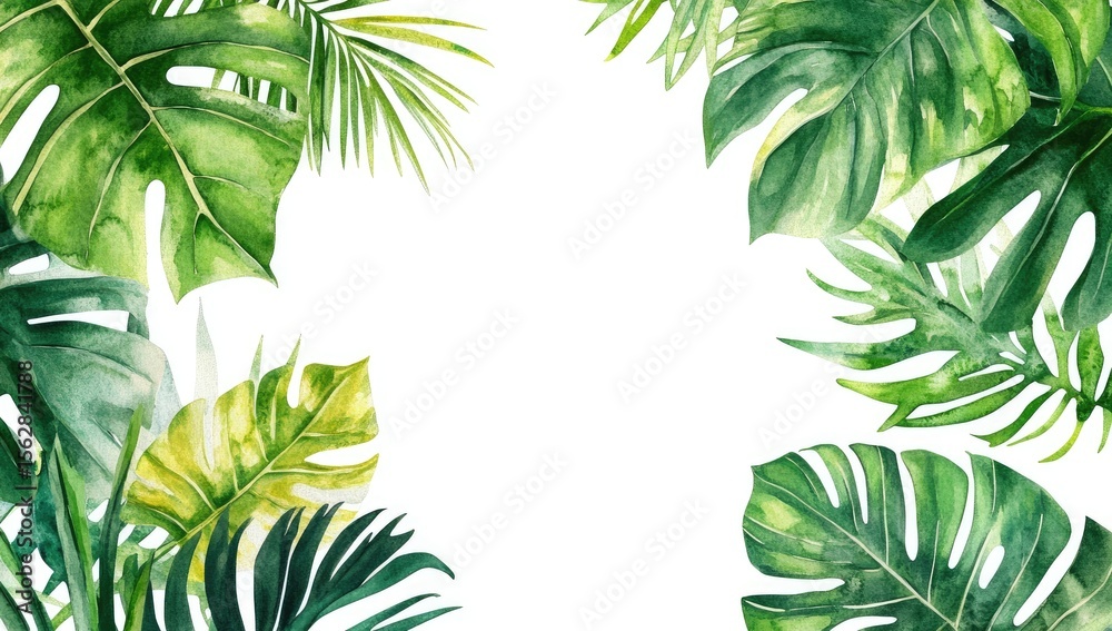Tropical leaf frame. Watercolor illustration of vibrant green, yellow, and lime leaves Tropical leaf frame. Watercolor illustration of vibrant green, yellow, and lime leaves