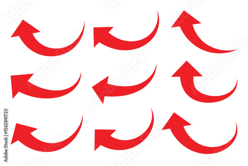 Long curved arrow vector. Red arrow curve direction vector. Hand drawn arrow collection. Bold arrow symbol curved flat design isolated. Modern simple arrow. Vector illustration 