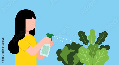 Young Woman in Yellow Shirt Watering Vibrant Green Plant with Spray Bottle