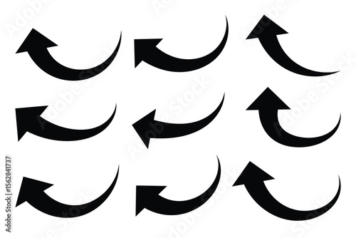 Curved arrow icons set. Black long up arrow icon vector. Long curved hand drawn arrow isolated background. arrow pointing upward.