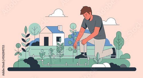 A Man Carefully Tends a Garden with Irrigation System Near a House