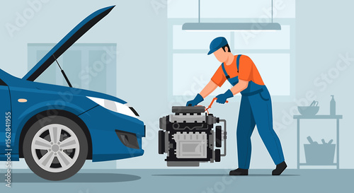 Automotive Mechanic Removing a Car Engine in a Workshop Setting