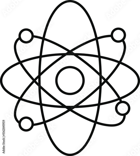 Simple black and white illustration of an atom with orbiting particles.
