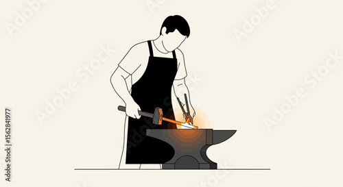 Blacksmith Shaping Glowing Metal with Hammer and Tongs on Anvil