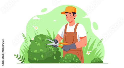 Cartoon gardener trimming a green bush with silver shears in a garden