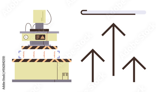 Industrial machine emitting energy waves with rising arrows signifying growth, innovation, efficiency, and technological advancement. Ideal for business, manufacturing, innovation, engineering