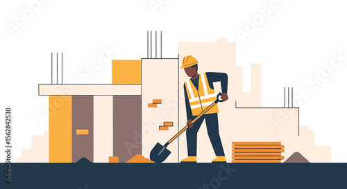 Construction Worker Using Shovel at Building Site