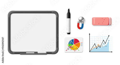 A whiteboard with marker, magnet, eraser, pie chart and line graph arranged on a white surface top view