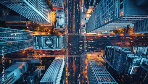 Aerial view of a busy urban intersection at night, showcasing skyscrapers and illuminated roadways