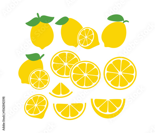 Collection of lemons and lemon slices with leaves in flat style