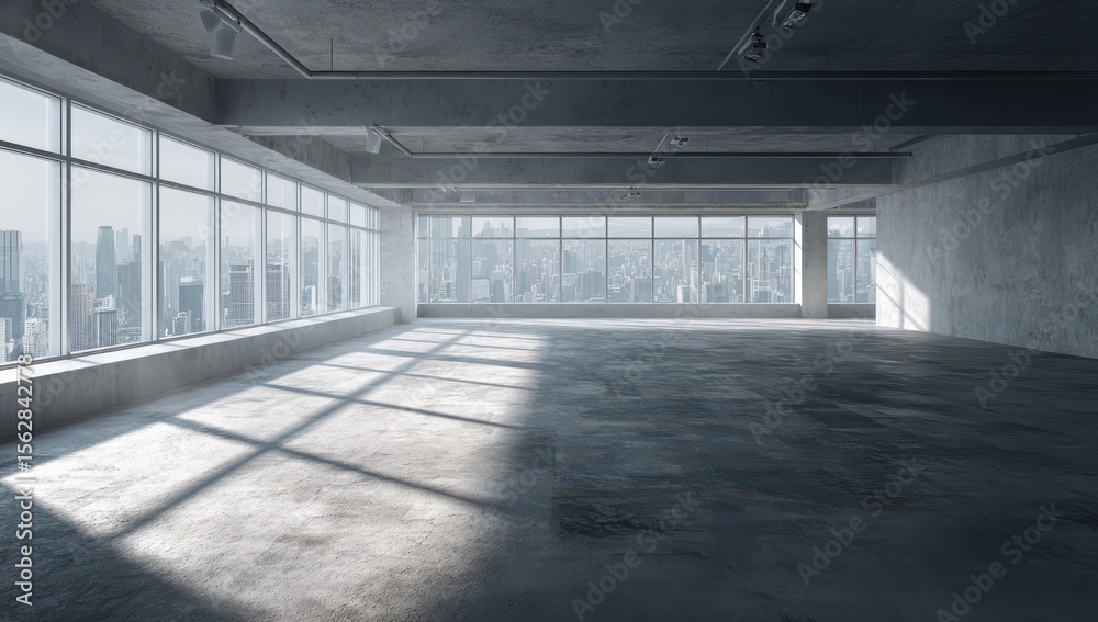 Fototapeta premium Sunlit empty loft space with expansive city views through large windows, showcasing a raw concrete aesthetic