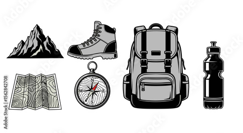 Hiking gear illustration featuring a mountain boot backpack compass water bottle and map for adventure trip