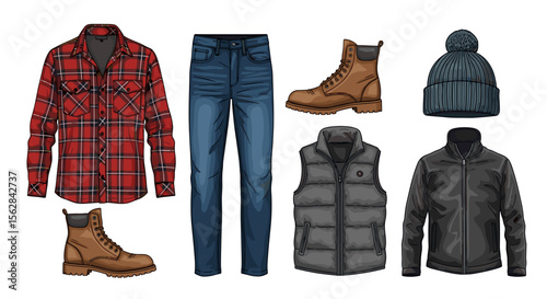 An assortment of clothing items including a plaid shirt jeans boots vest a jacket and a beanie hat