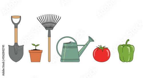 Illustration of gardening tools including a shovel, rake, watering can, and various vegetables