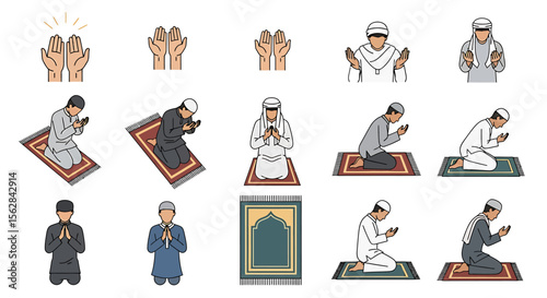 Diverse Illustrations of Muslim Prayer Poses and Gestures in Various Attire.