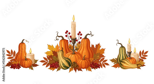 Autumnal arrangements featuring pumpkins, candles, leaves, and berries in a festive display of fall decor
