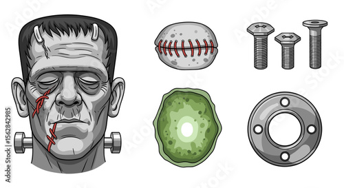 Frankenstein head with scars and bolts alongside a stitched ball, screws, cell, and metal ring object