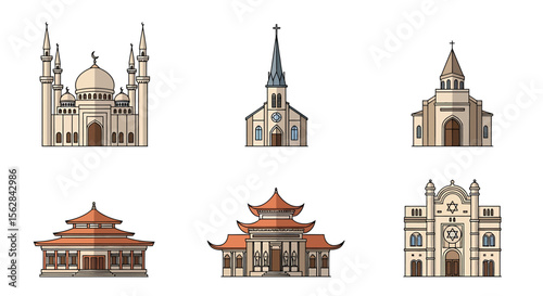 Diverse religious buildings: mosque, churches, Buddhist temples, and synagogue