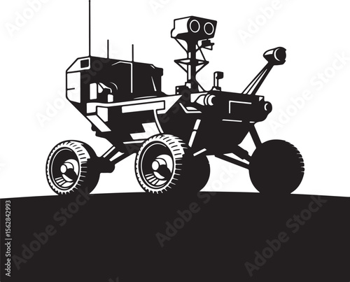 Detailed black silhouette of a mars rover with six wheels and camera on white background