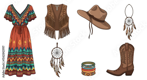 Collection of boho style clothing and accessories including a dress vest hat and boots displayed