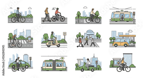 Diverse urban transportation methods: bicycles, scooters, trams, cars, and pedestrians