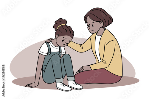 A tender moment: A kind mother comforts her daughter who is experiencing sad and grief emotions.