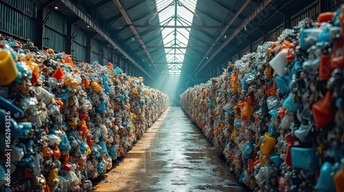 Plastic waste bales stacked in rows inside a recycling facility