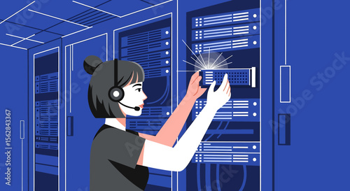 Focused Female Technician Installing Server Hardware in Data Center