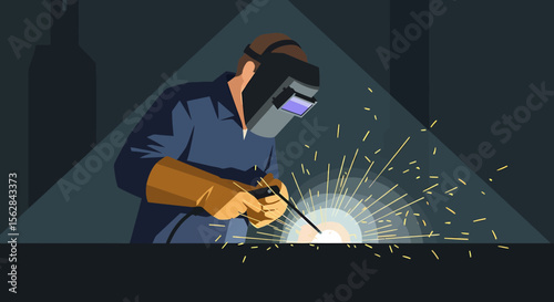 Focused Industrial Worker Welding Metal in Dark Workshop