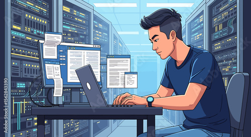 Focused IT Professional Coding on Laptop in a Server Room Environment