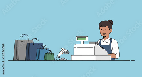 Friendly Cashier at Checkout with Shopping Bags