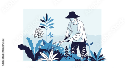 Gardener in Hat Pruning Blue-Hued Plants