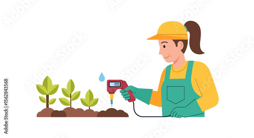 Gardener Using Soil Moisture Meter to Water Young Plants in Garden
