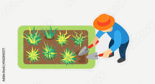 Gardener tending a vibrant, colorful garden with two hand trowels.