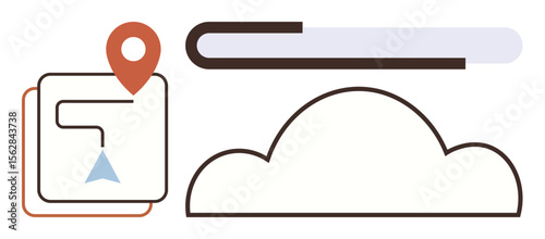 Flat design elements include a location pin on a map path, a cloud, and a book, representing navigation, cloud technology, learning, and digital data. Ideal for tech, travel education innovation