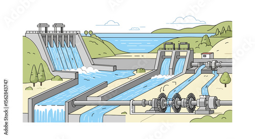 Hydroelectric Power Plant Illustration Depicting Water Flow and Energy Generation
