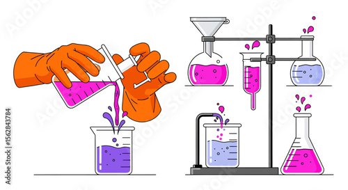 Illustrated Chemical Experiment with Colorful Liquids and Protective Gloves