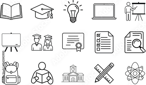 Various black and white line art icons representing education and learning concepts.