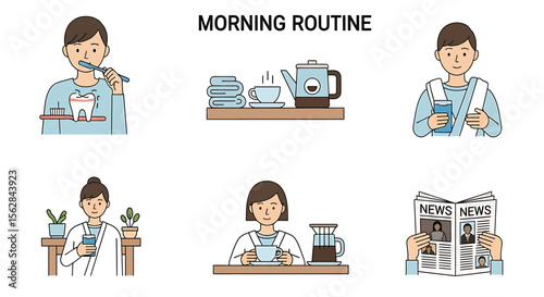 Illustrated Morning Routine: Woman's Daily Activities from Brushing Teeth to Reading News