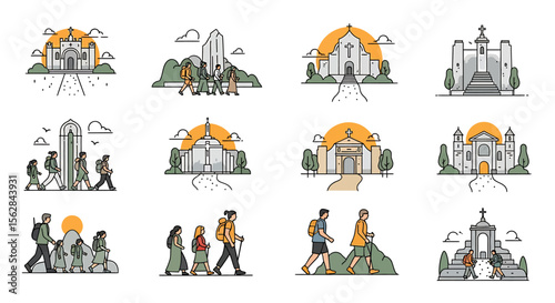 Illustrated Pilgrimage Scenes Depicting Travelers and Religious Structures in Nature