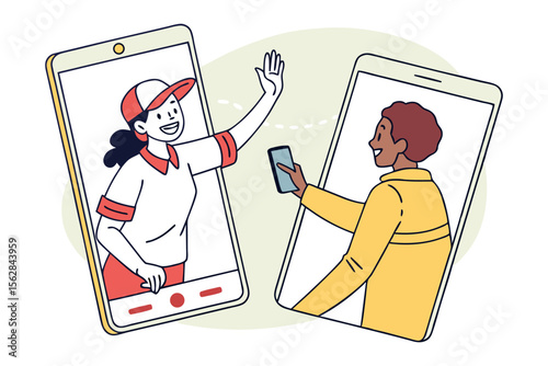 Online Social Connection: Two individuals engage in a dynamic online video call, their faces visible within phone screens, fostering communication in a clean, well-lit environment.