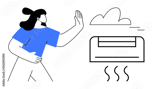 Woman gesturing to avoid warm air from an air conditioner while a cloud symbolizes outdoor heat. Ideal for climate, temperature control, summer heat, energy, health, environmental awareness, simple