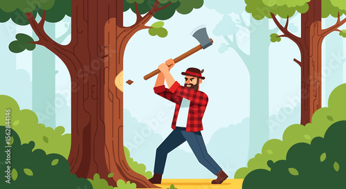 Lumberjack with Axe Felling Tree in Forest