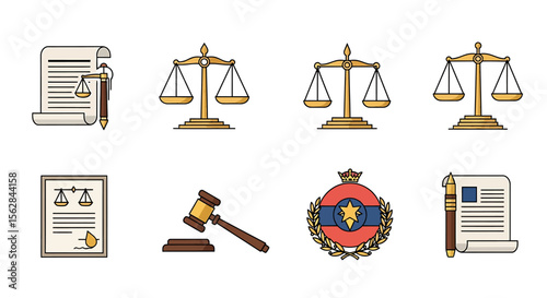 Justice System Symbols in Flat Design Style