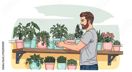 Man Arranging Colorful Houseplants on Wooden Shelves
