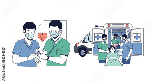 Medical team in scrubs with patient and ambulance illustration