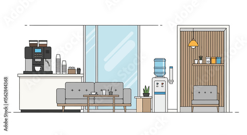 Modern Office Break Room with Coffee Machine and Lounge Area