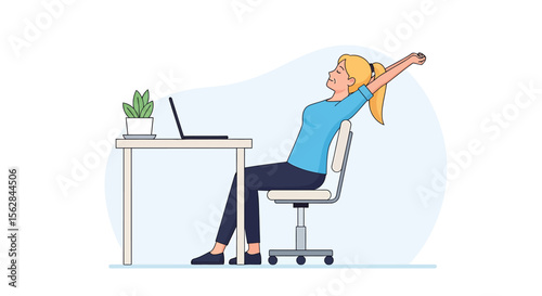 Relaxed blonde woman stretching at desk with laptop and potted plant